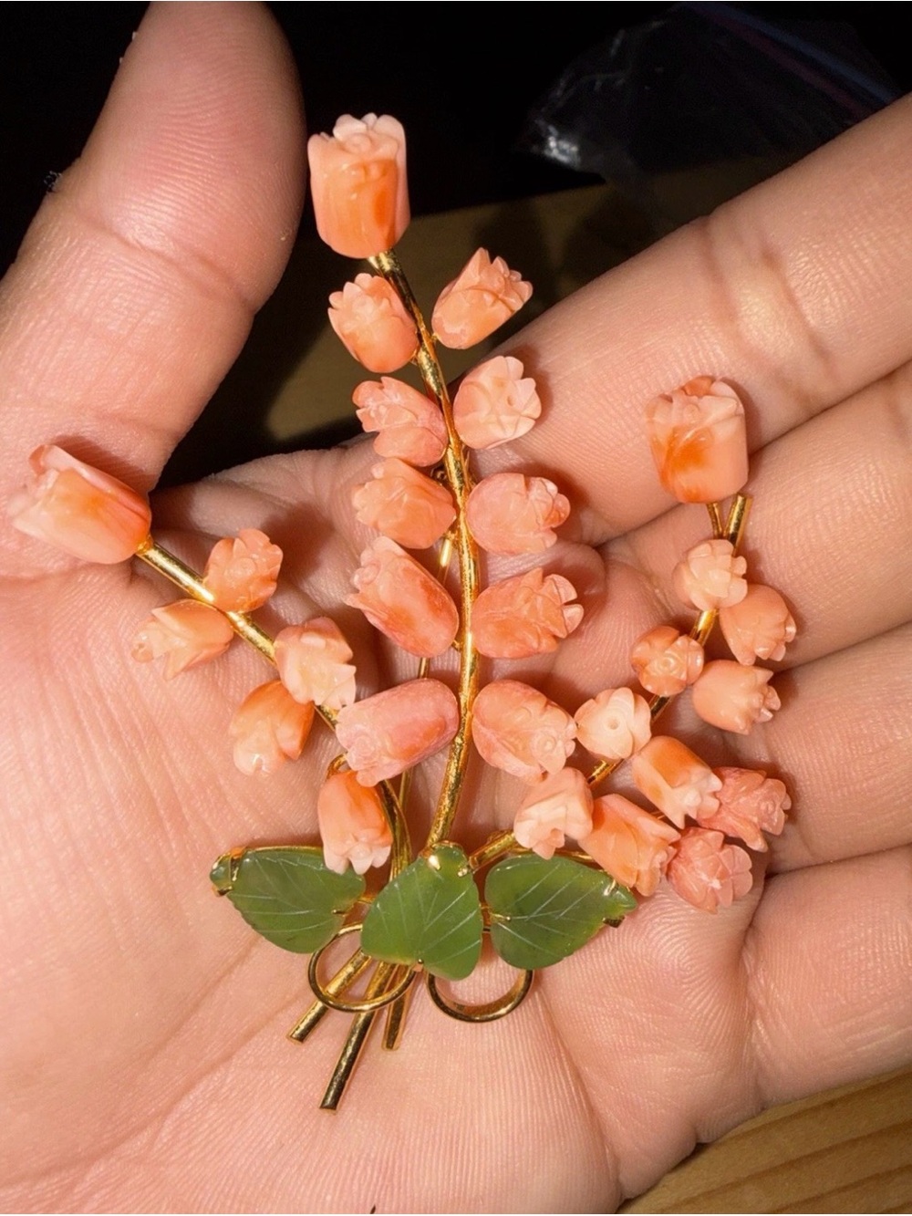 Vintage bouquet brooch with carved coral cocoons